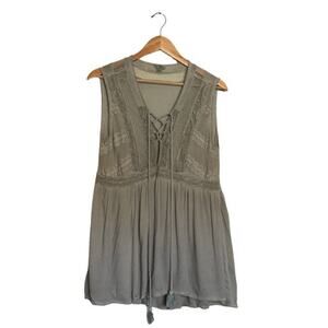 Pol Sleeveless Blouse Size Small Flowing Lace Tassels Sage Green Boho Hippie